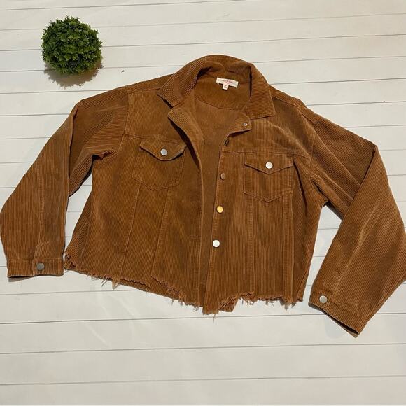Peach Love Brown Tan Corduroy Chewed Raw Hem Jacket Women’s Size Medium - Picture 1 of 9
